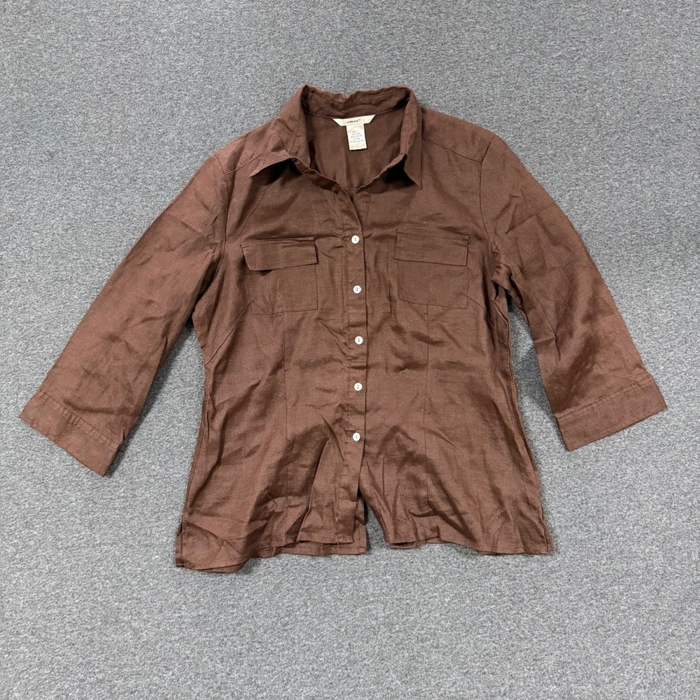 Edward Linen Button Down Shirt Womens Large Brown Good 3/4 Sleeve Utility Preppy